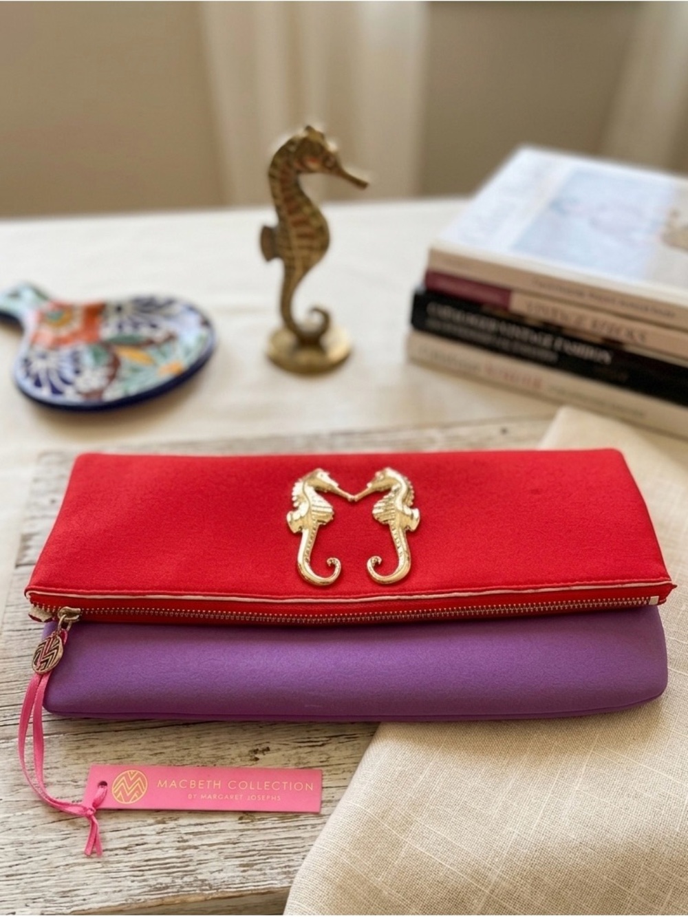 Macbeth Collection by Margaret Josephs Red and Purple Seahorse Fold-Over Clutch